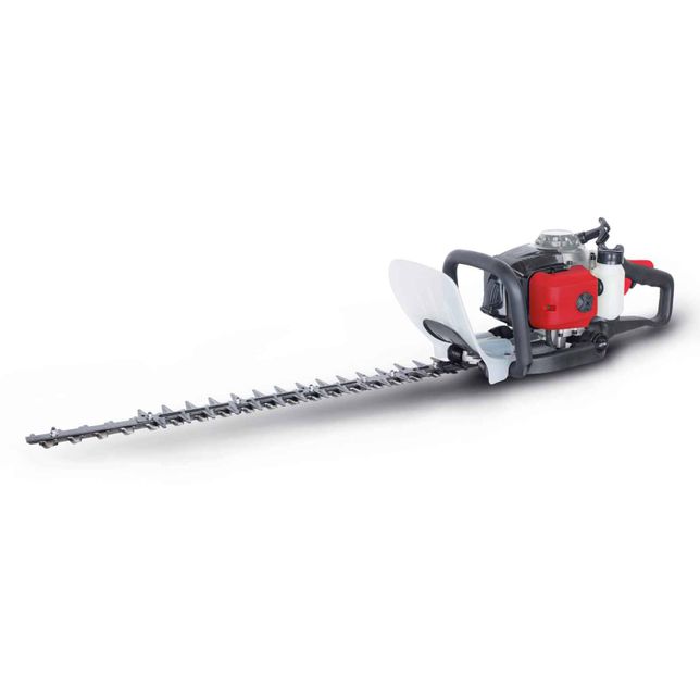 Scheppach petrol hedge trimmer with a long blade and black handle.
